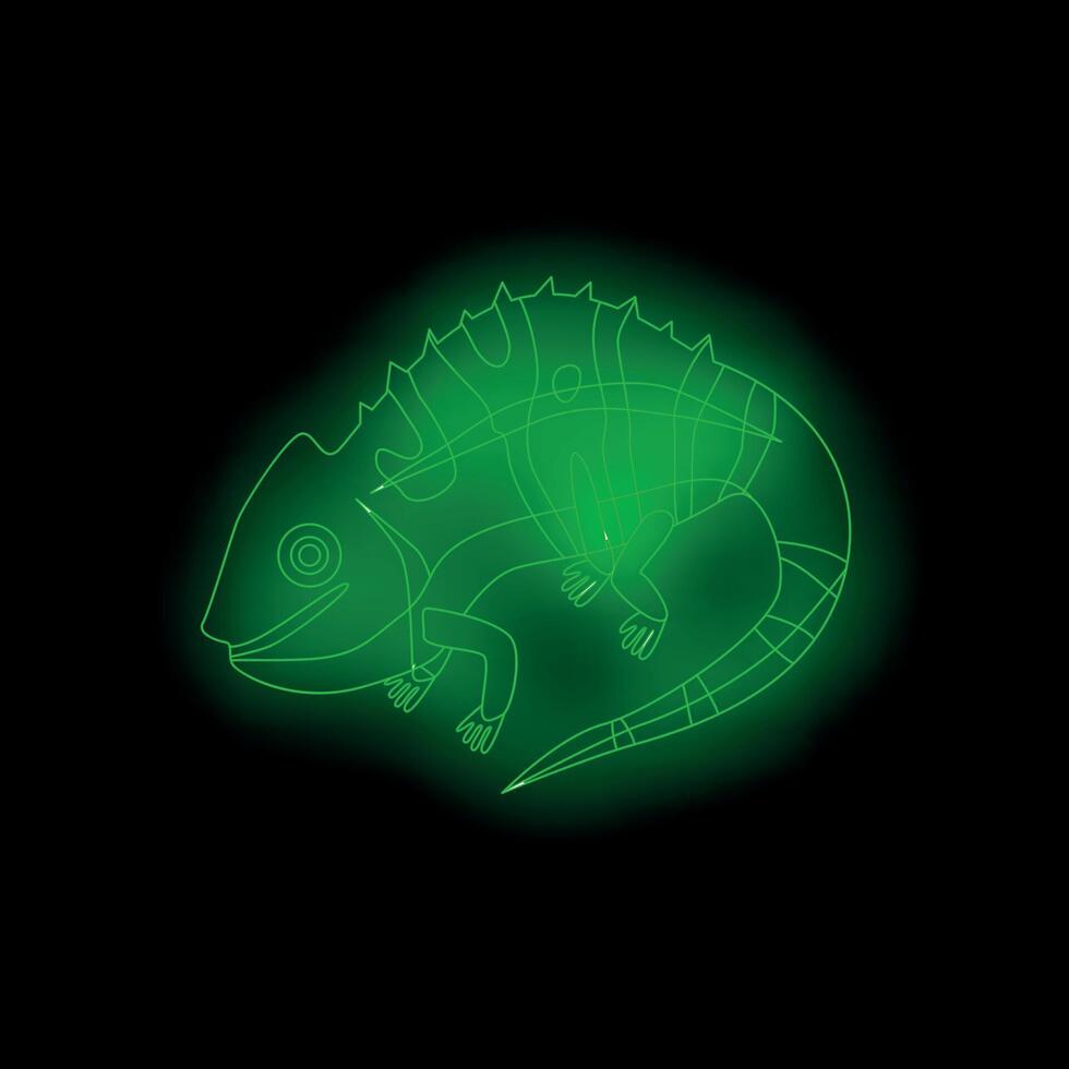 Green neon iguana lizard glowing on black background vector