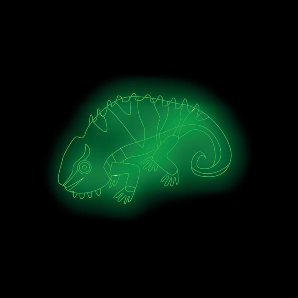 Green neon chameleon glowing on black background vector