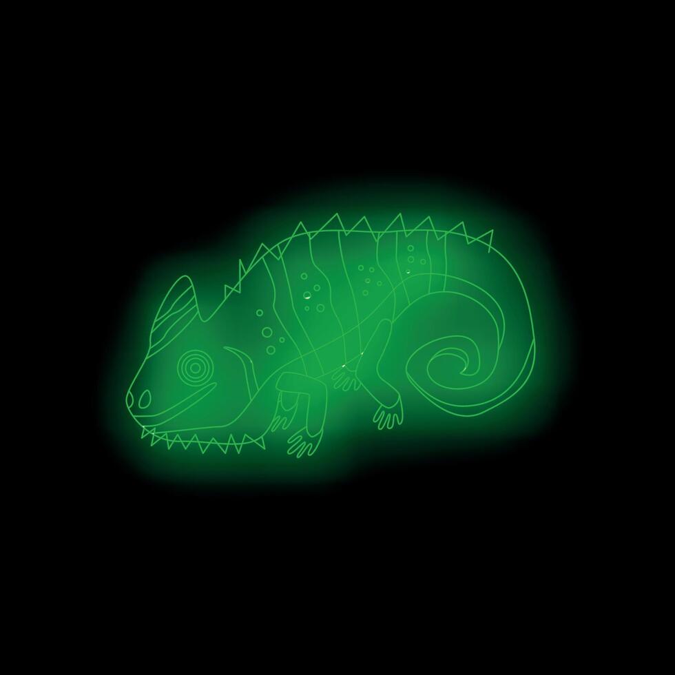 Green neon style chameleon curled up on black background vector