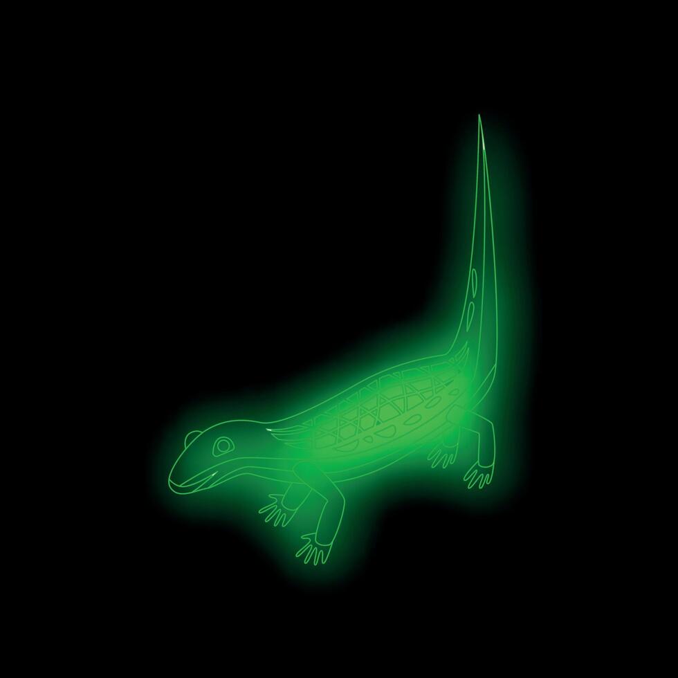 Green neon lizard walking on black background vector