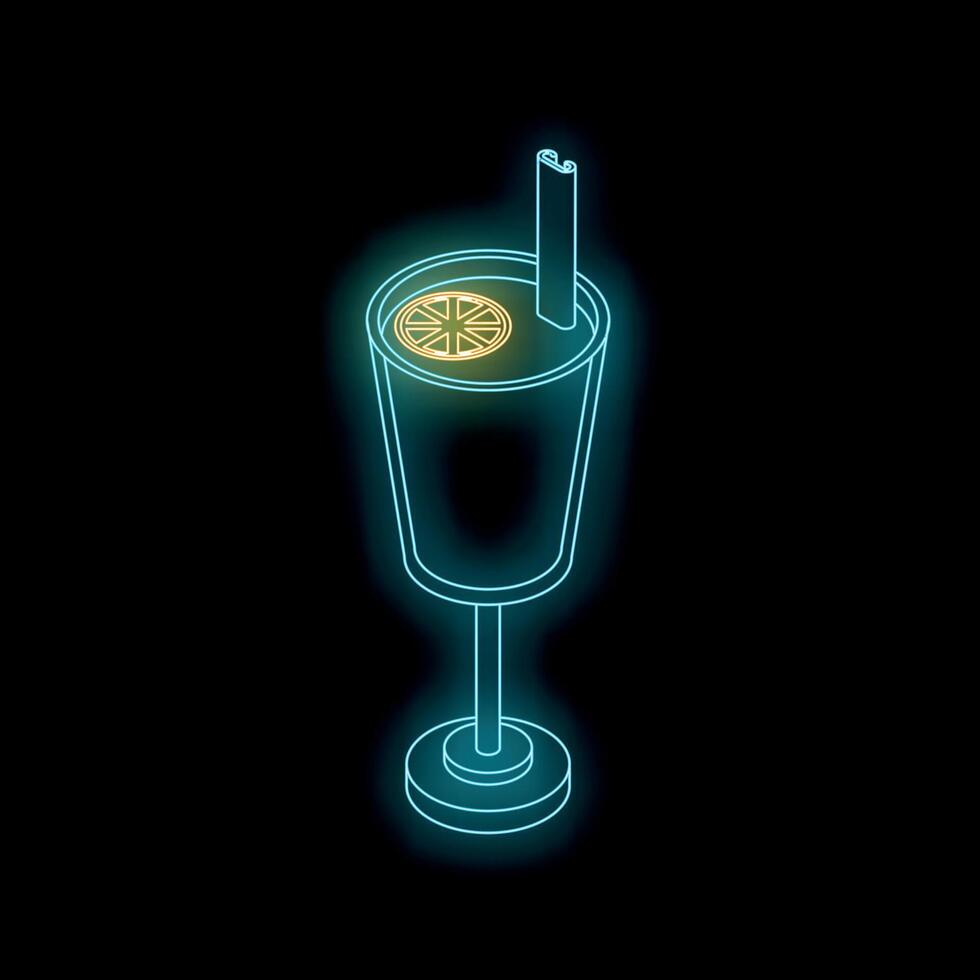 Isometric neon cocktail with slice of citrus fruit and straw on black background vector