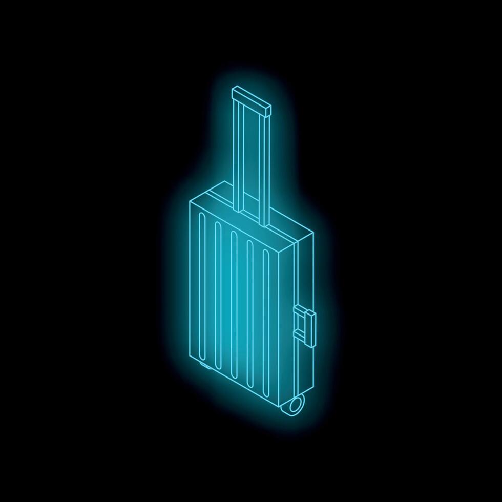 Blue glowing neon suitcase isometric perspective on black background vector