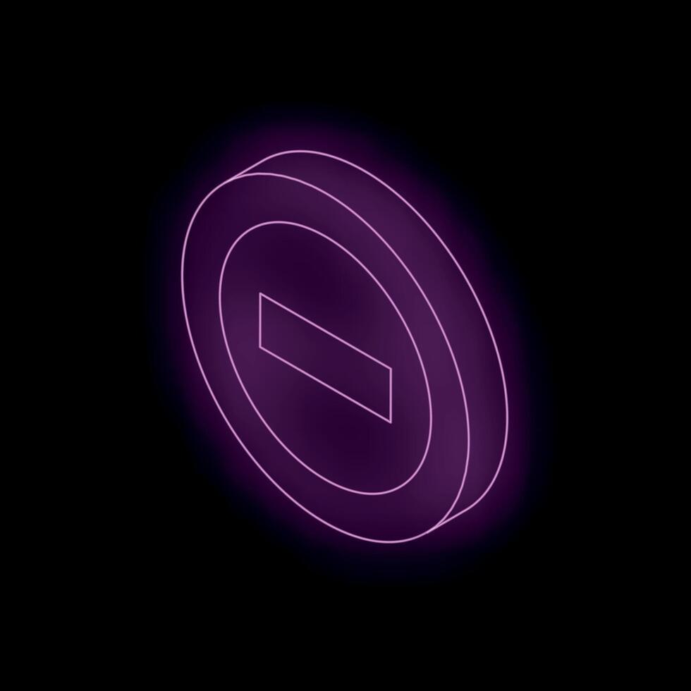 Neon purple minus sign inside a coin shape on black background vector