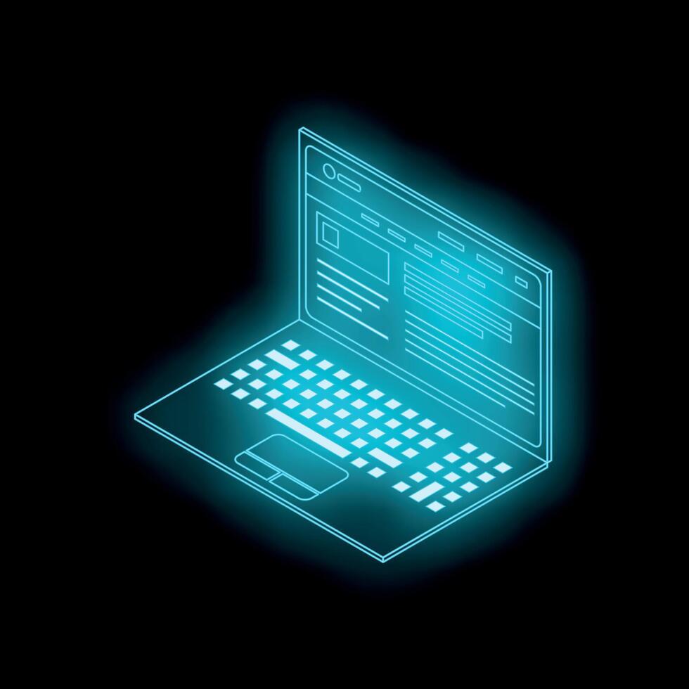 Neon blue laptop showing website homepage in dark space vector