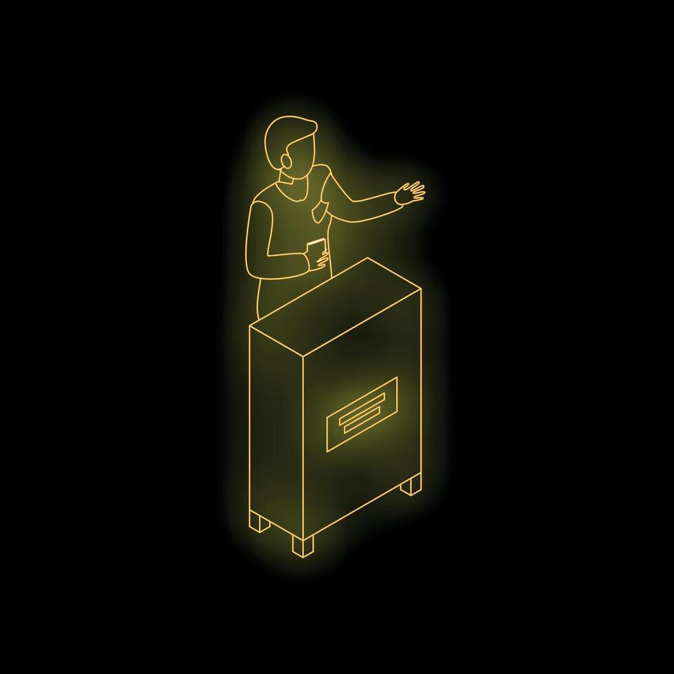 Politician giving a speech on stage with a ballot box behind him vector