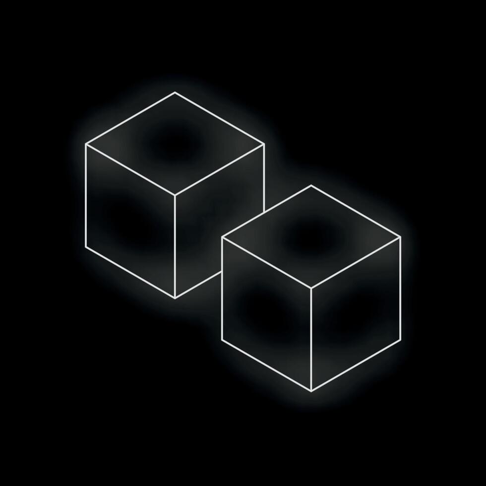 Two white neon cubes glowing on black background vector