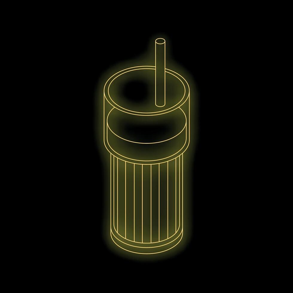 Yellow neon sign of drink with straw in isometric view on black background vector