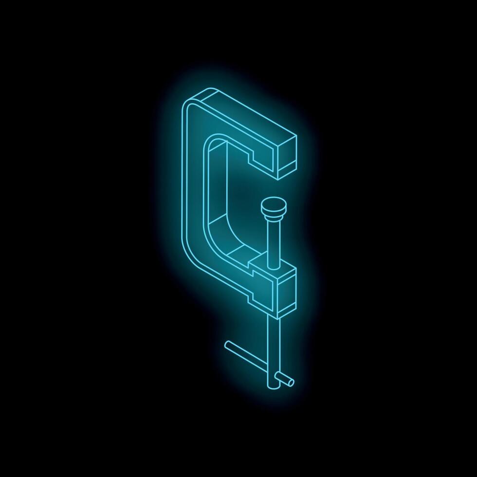 Neon glowing c clamp tool isometric icon illustration vector