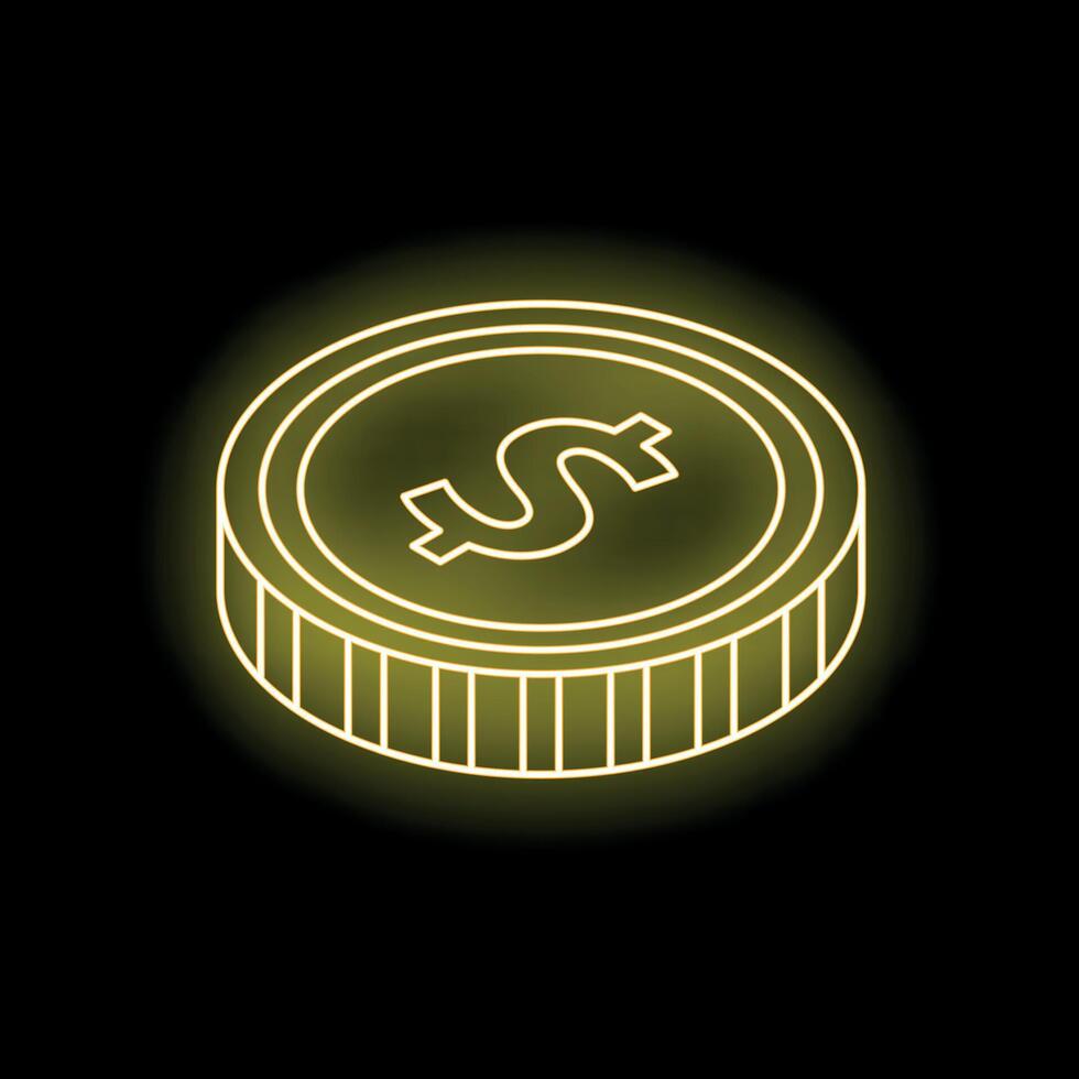 Neon coin shining on black background representing wealth vector