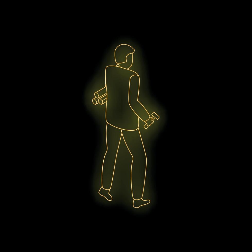 Businessman walking carrying weights and holding blueprints neon sign vector