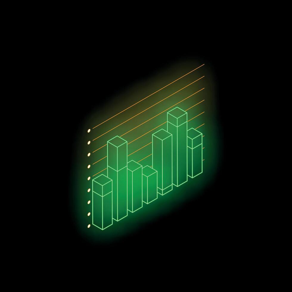 Green glowing bar chart showing growth on a grid on black background vector