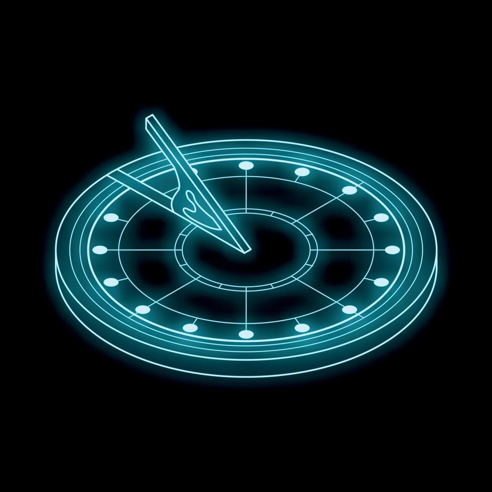 Neon blue sundial casting light on time measurement concept vector