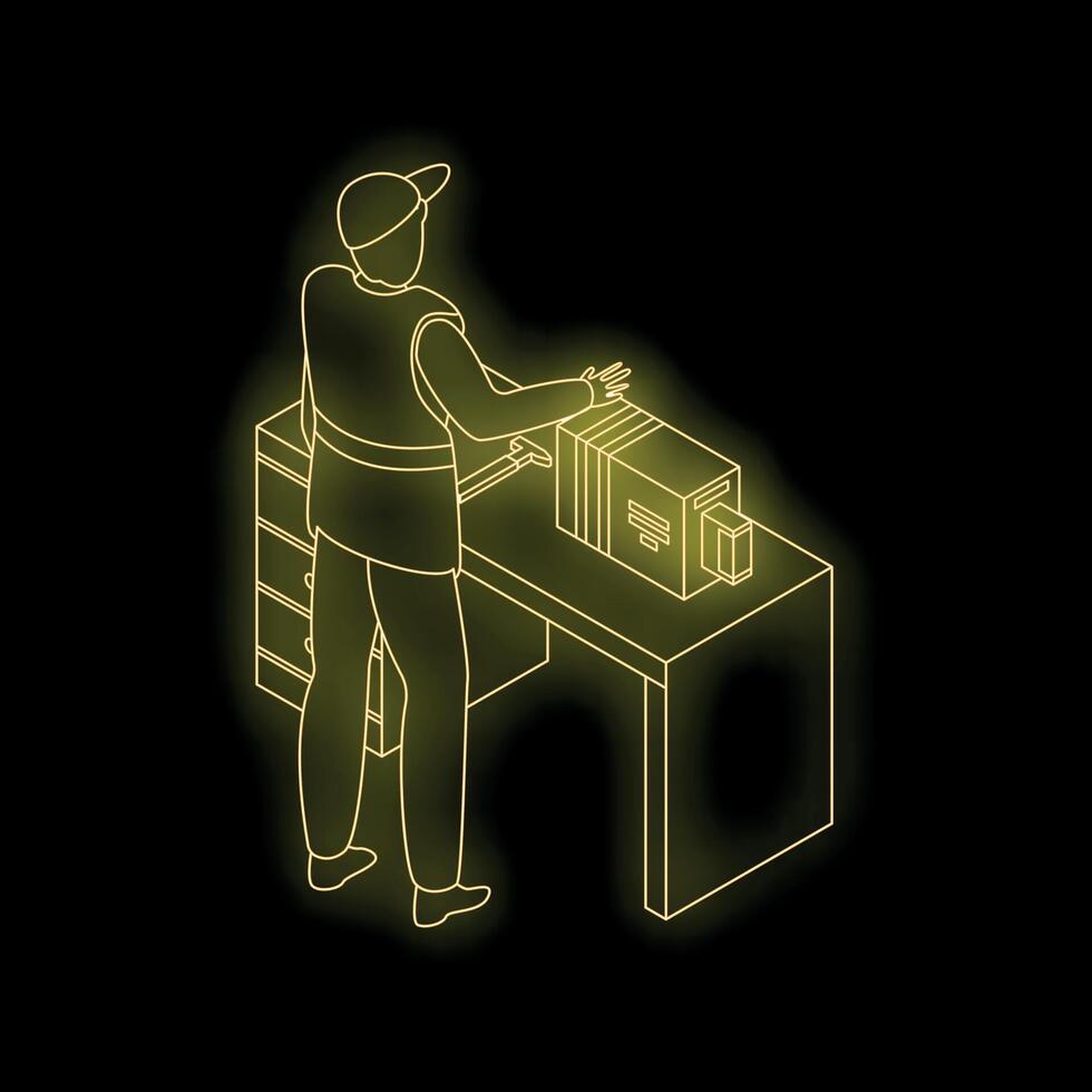 Delivery man preparing package using scanner at desk vector