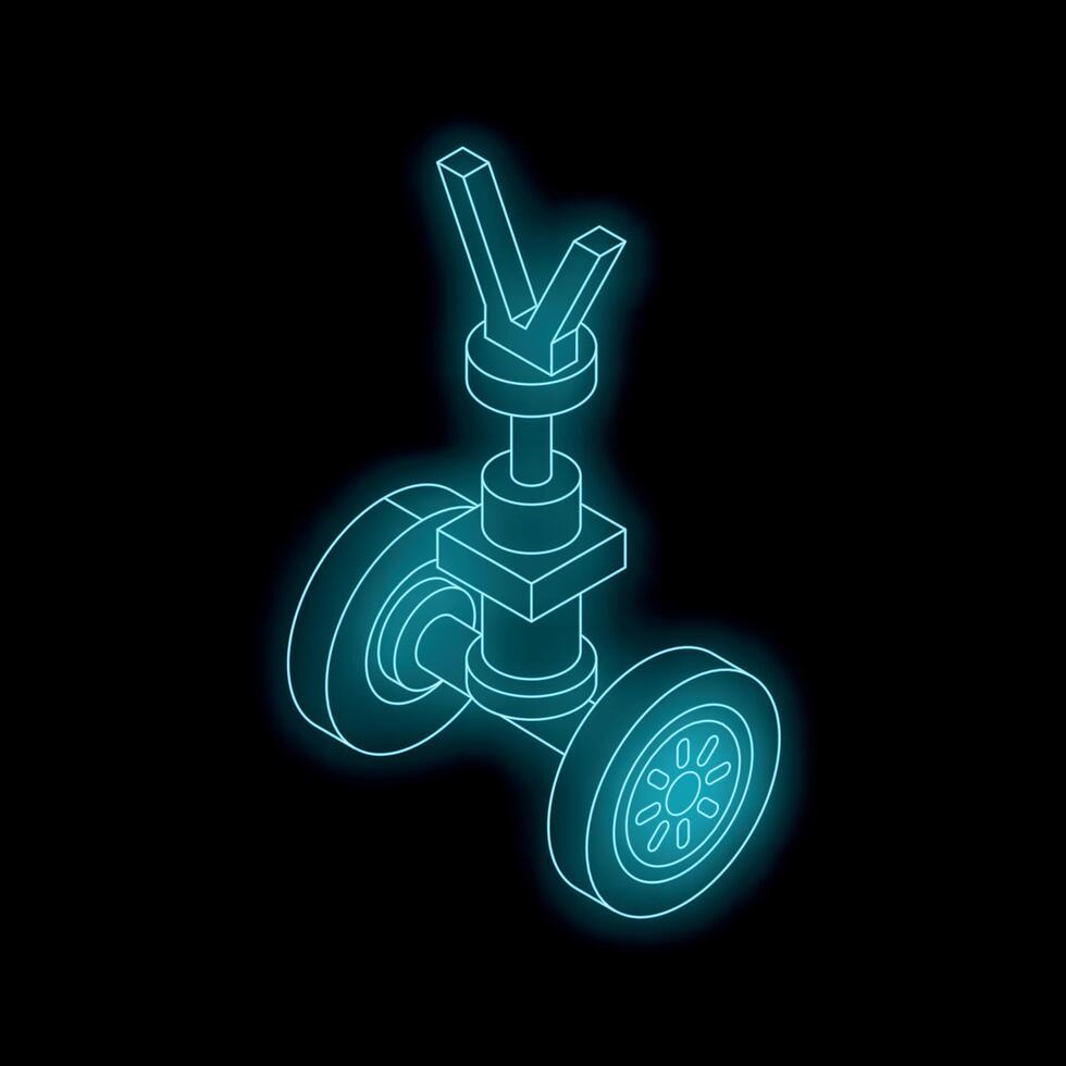 Neon glowing mechanical part with wheels on a black background vector
