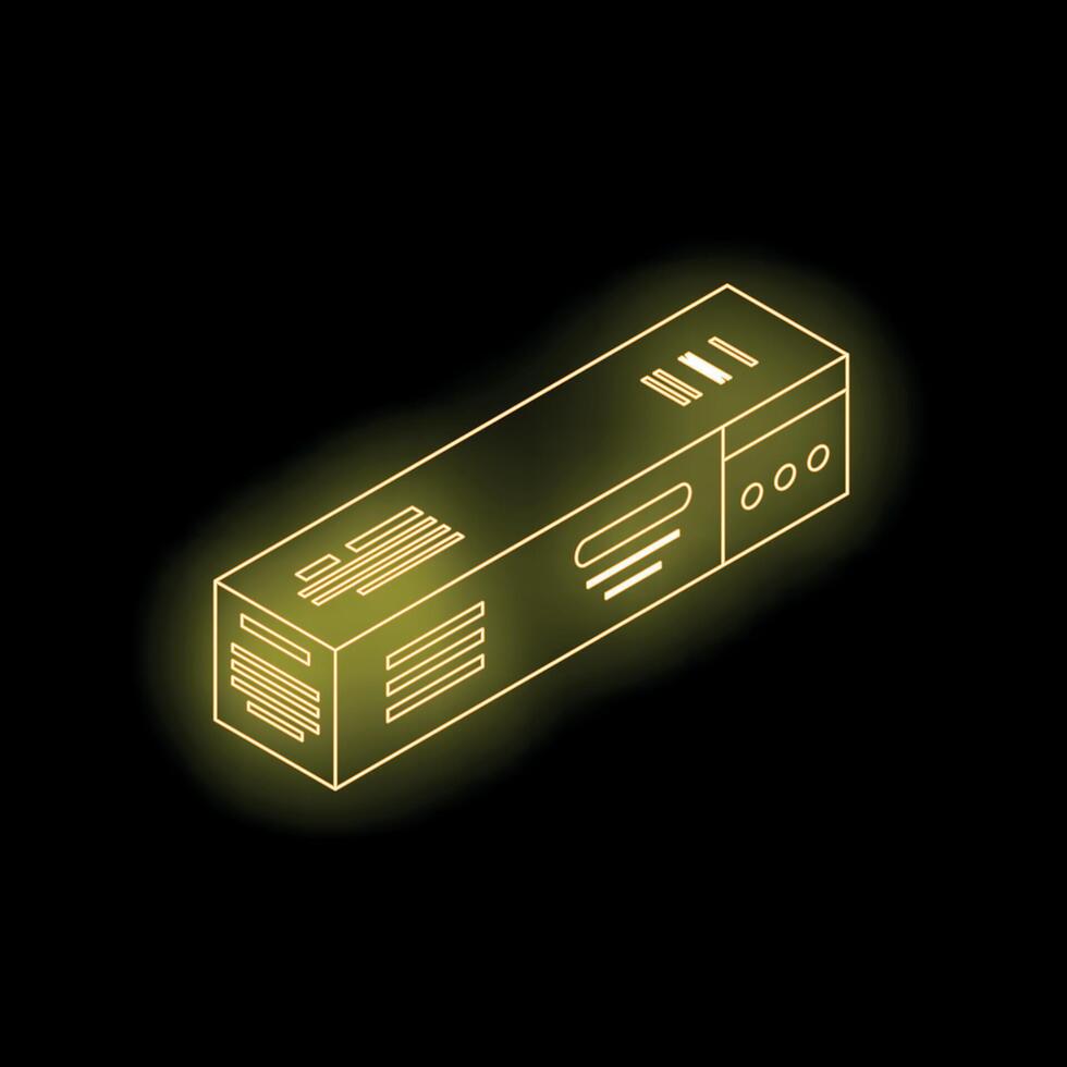 Neon yellow server rack glowing on black background vector