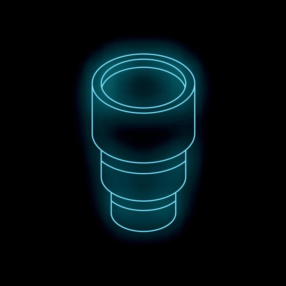 Neon icon of camera lens glowing blue on black background vector