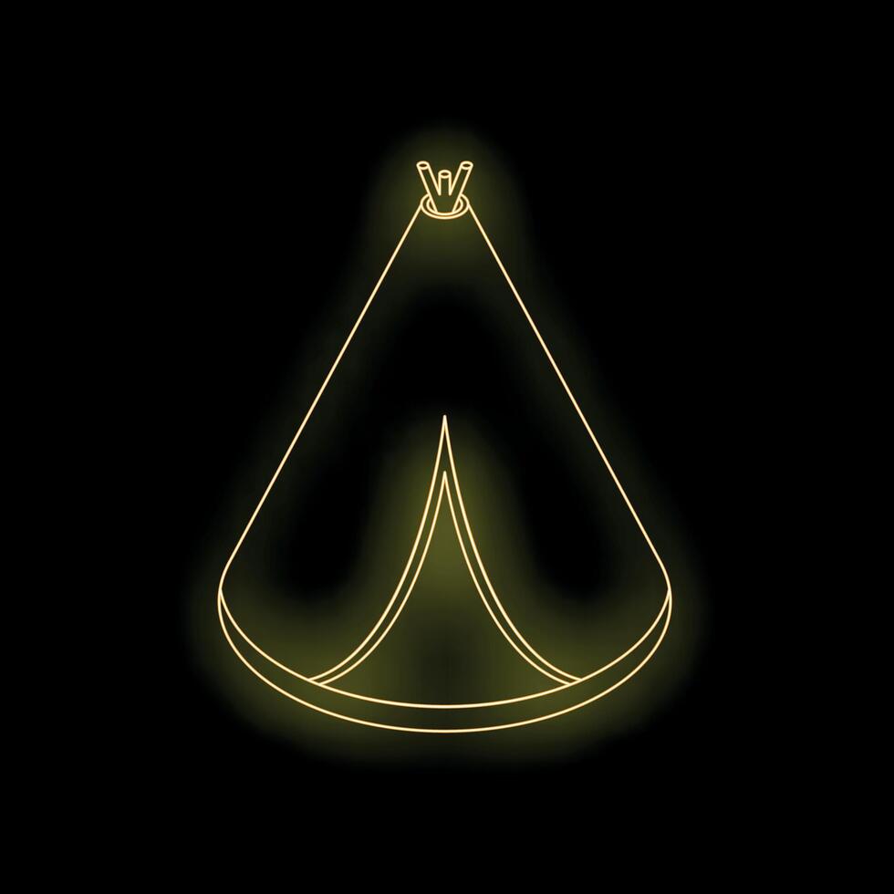 Glowing neon line drawing of a teepee on black background vector