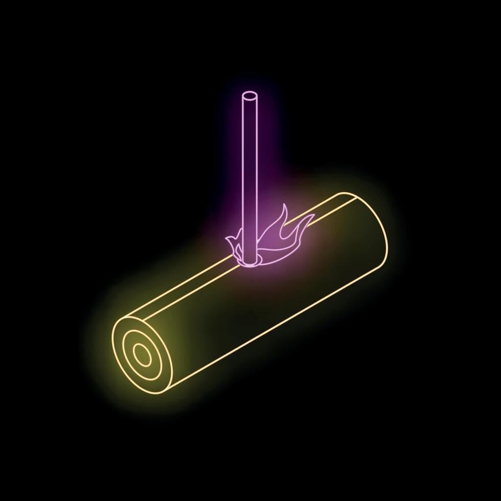 Neon icon of fire lighting a log of wood burning with flames vector