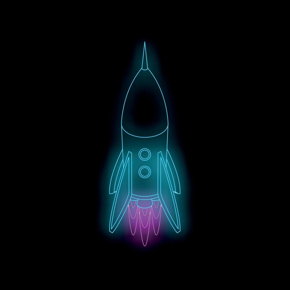 Neon spaceship taking off into space with flames behind it vector