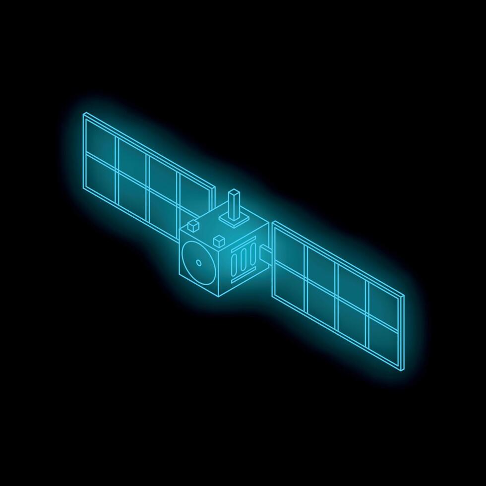 Neon glowing blue artificial satellite orbiting earth vector