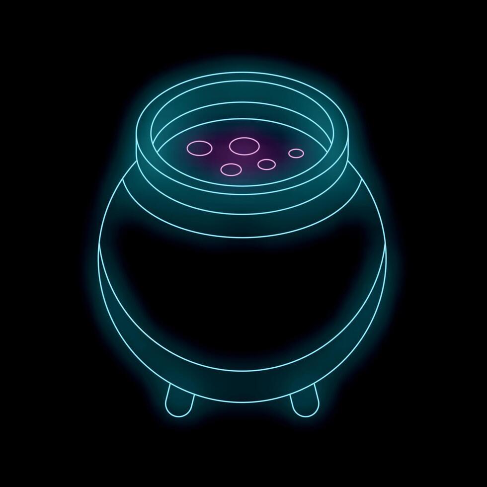 Neon witch's cauldron bubbling with a magic potion on black background vector