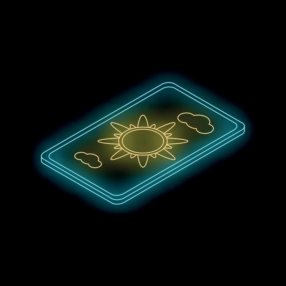 Neon sign showing smartphone with sun and clouds for weather app on black background vector