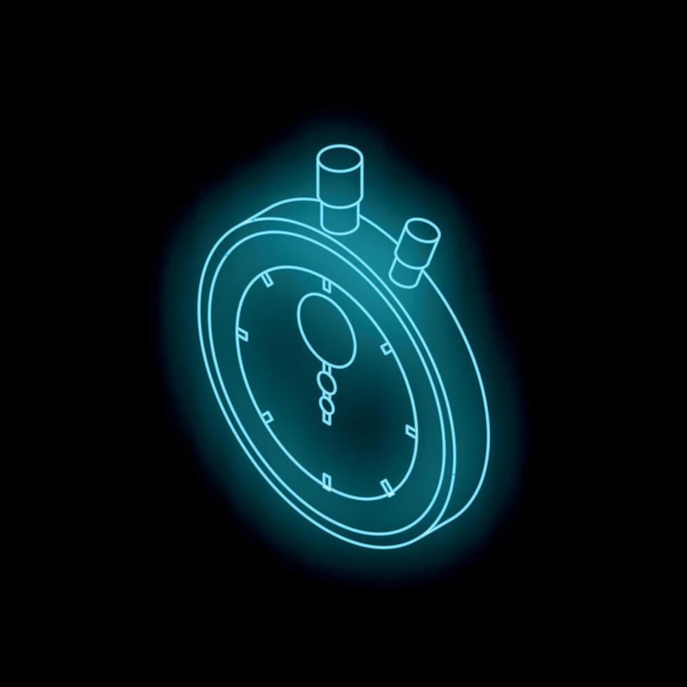 Neon blue stopwatch glowing on black background measuring time passing vector