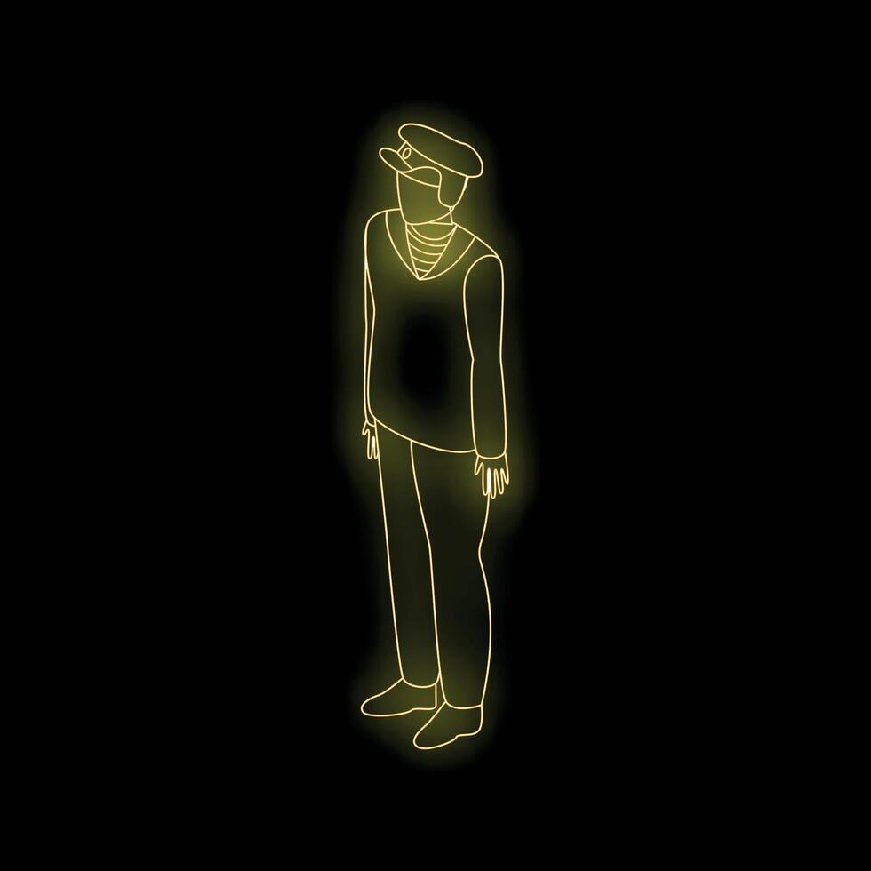 Neon yellow silhouette of a ship captain wearing uniform standing at attention on black background vector