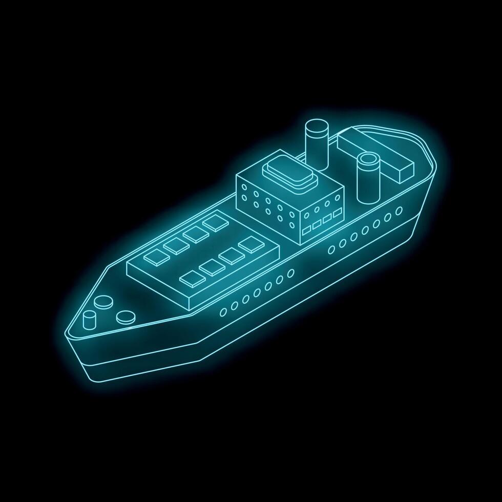 Neon blue wireframe ship glowing on black background vector