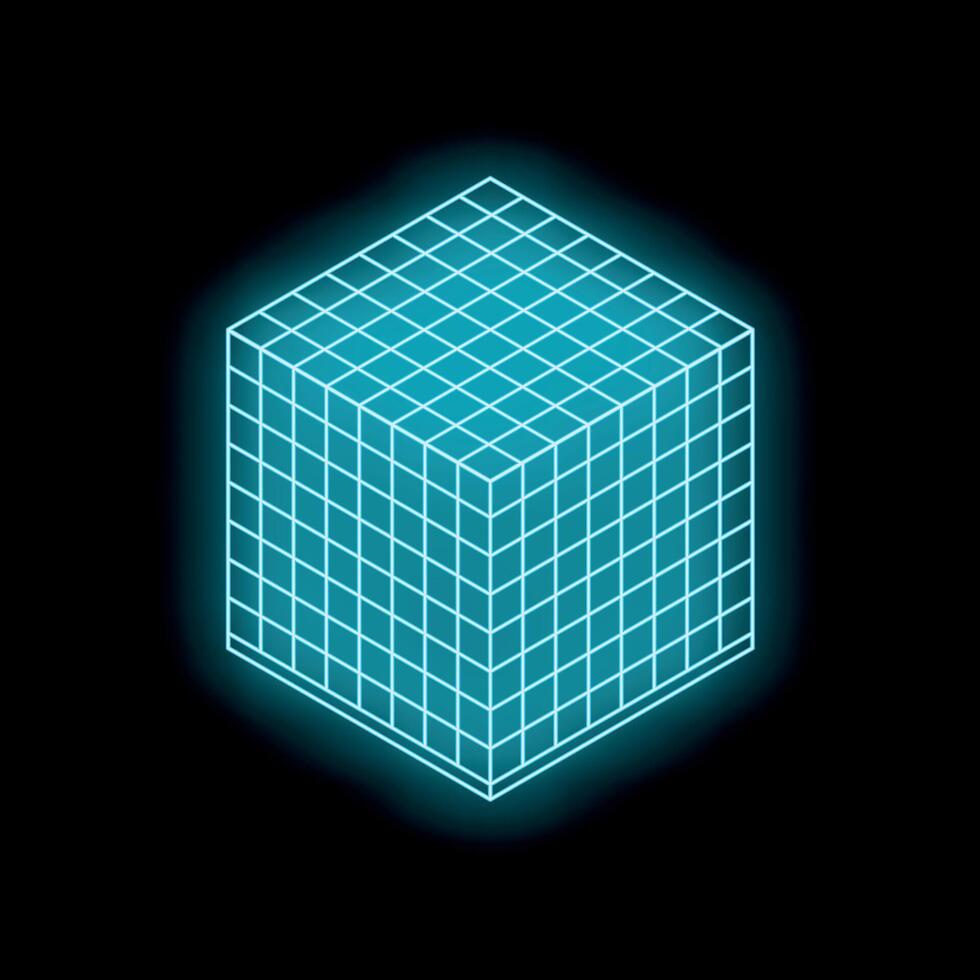 Bright blue neon cube is glowing on a black background vector