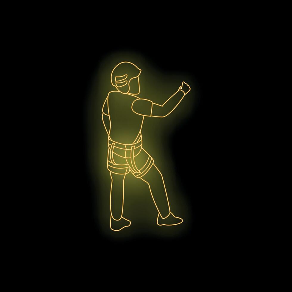 Climber wearing safety harness and helmet climbing upward using rope neon sign vector