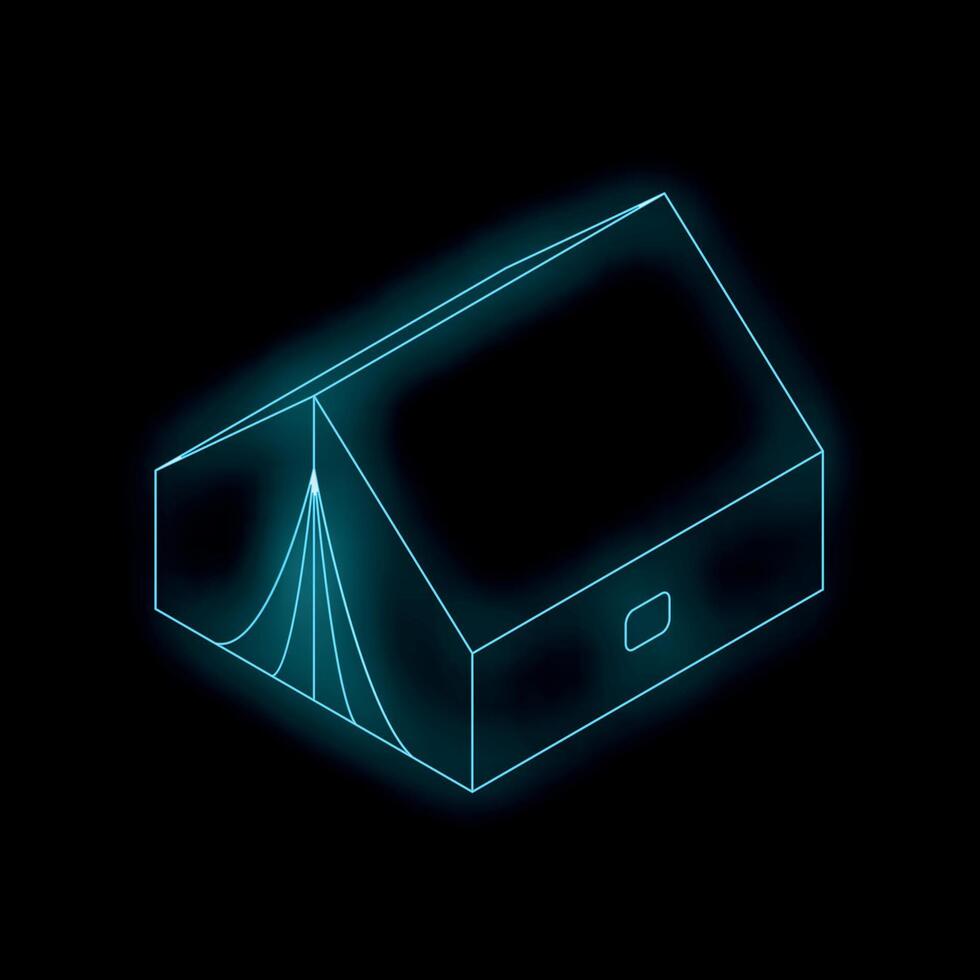 Neon tent glowing on black background signifying camping vector