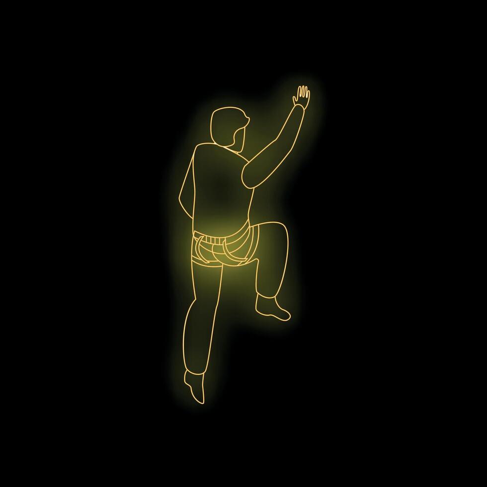 Man climbing up reaching out helping hand neon light style vector