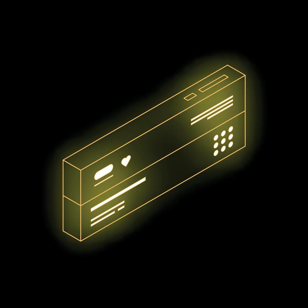 Neon yellow isometric social media post icon glowing on black background vector