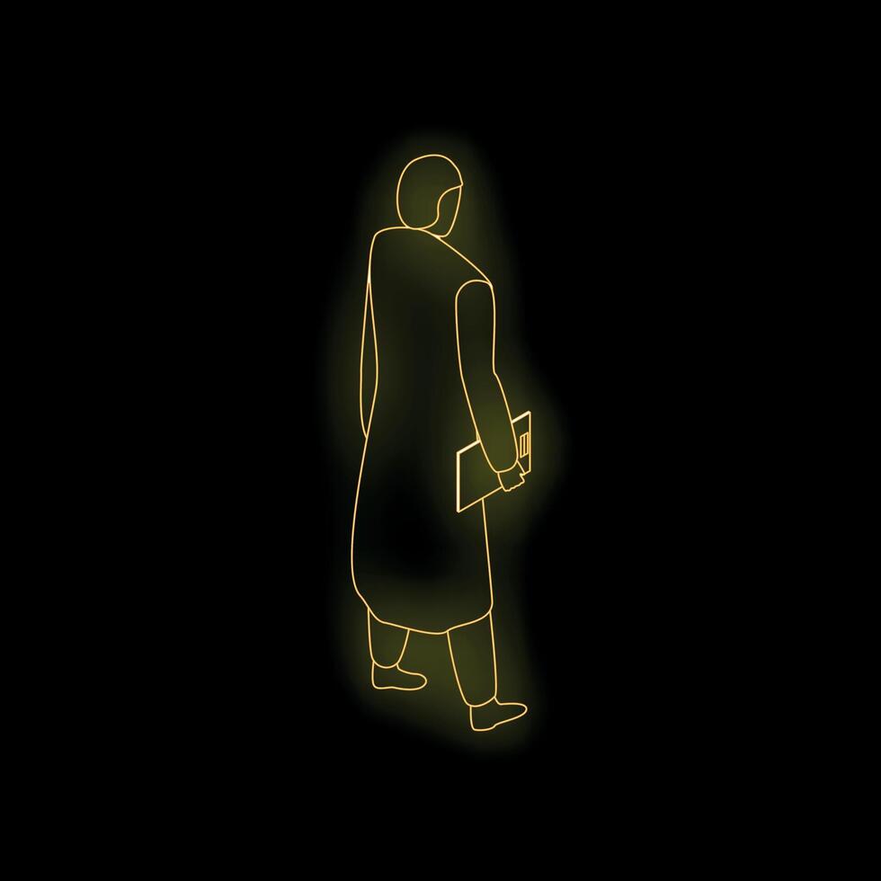 Doctor walking away holding files glowing line drawing vector