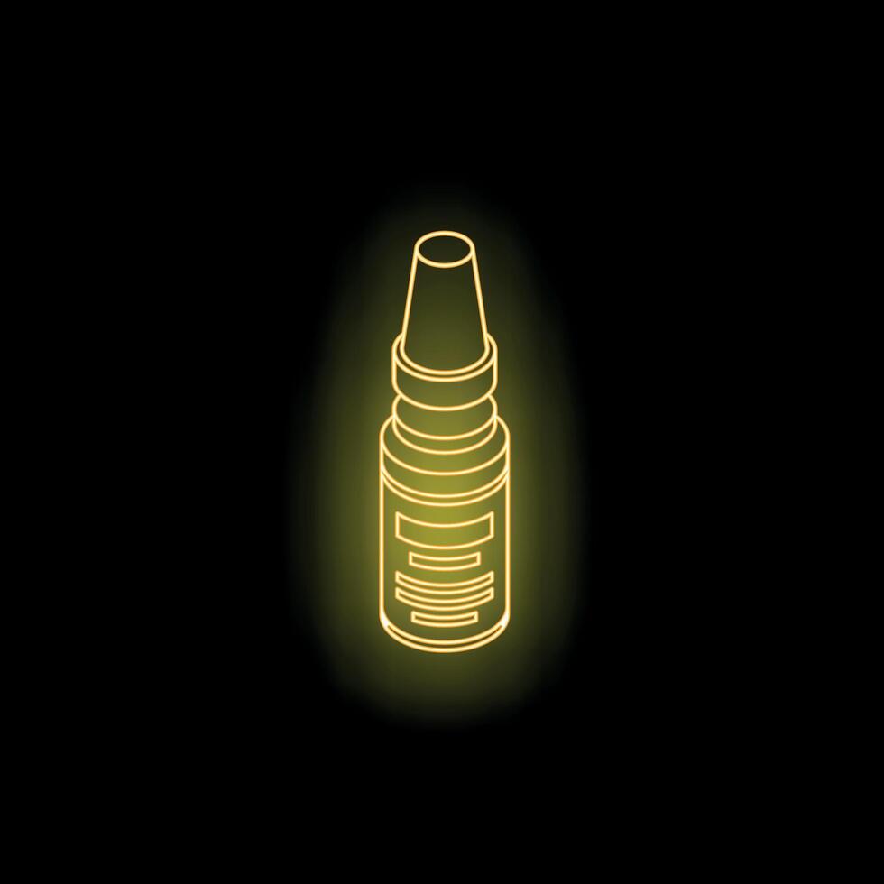 Neon yellow nasal spray container glowing on black background vector
