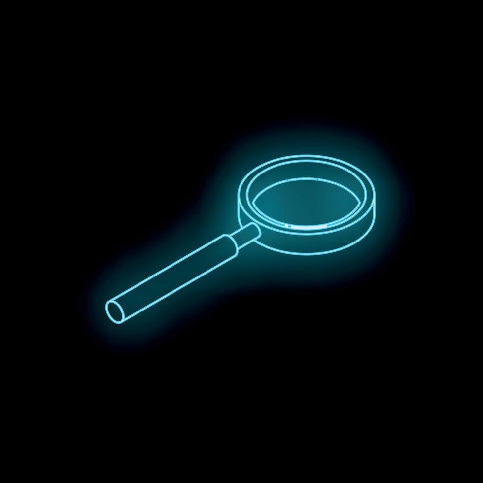 Neon magnifying glass shining on black background vector
