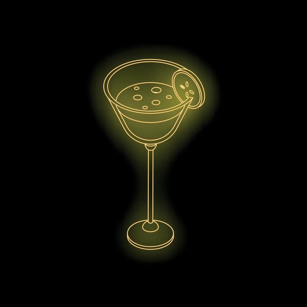 Neon cocktail glass shining in the dark with citrus garnish vector