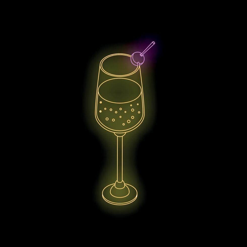 Neon cocktail glass with cherry on black background vector