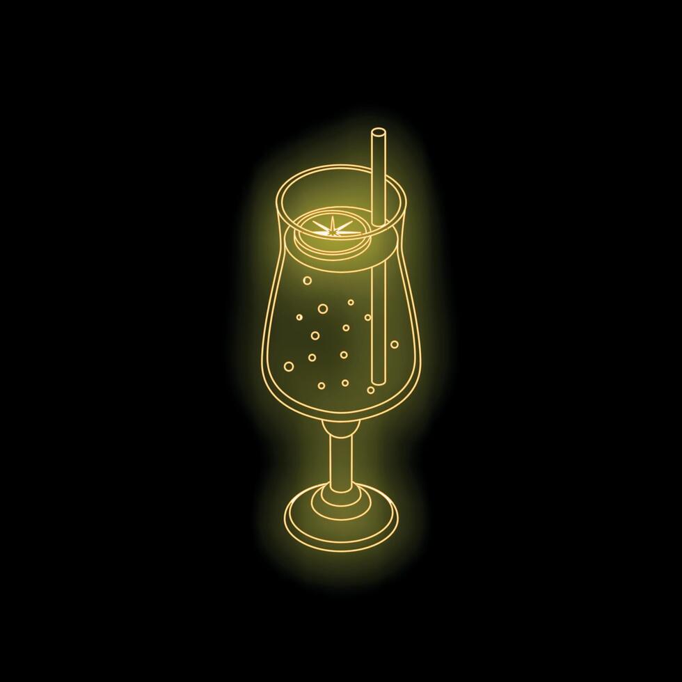 Yellow neon sign of cocktail with a slice of lime and a straw isometric view vector