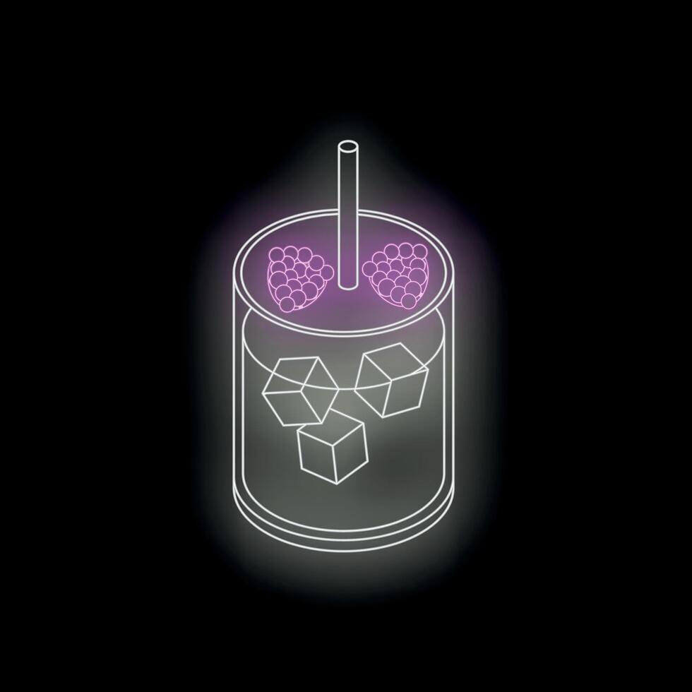 Neon cocktail with boba bubbles and ice cubes glowing on black background vector