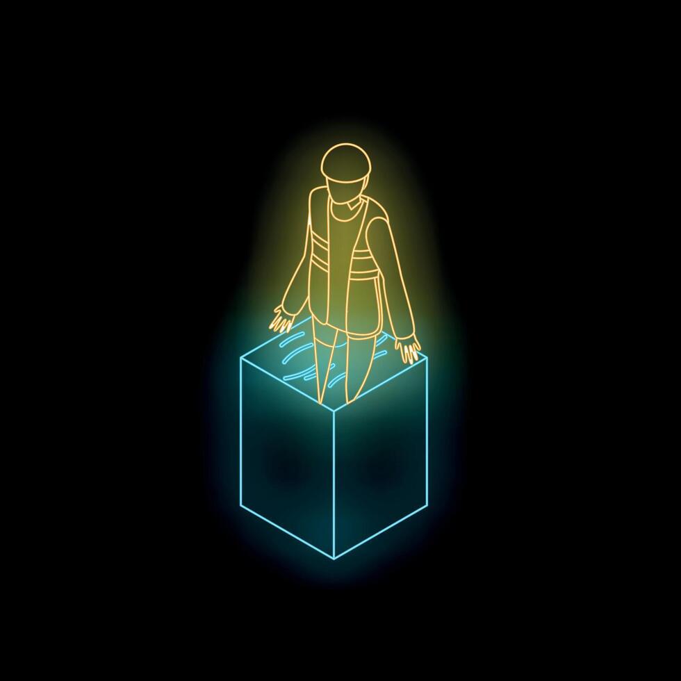 Construction worker balancing on top of cube with neon lights vector