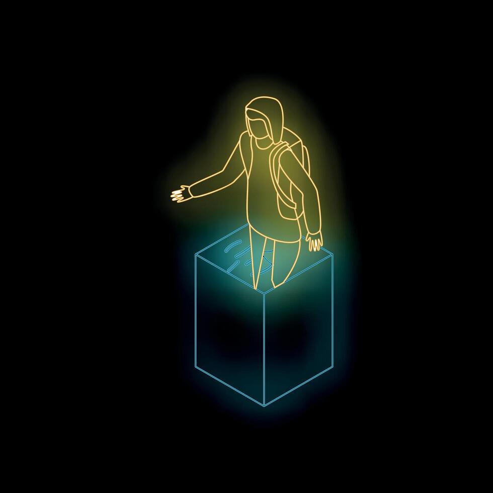 Student stepping into the metaverse with wifi symbol below glowing neon style on black background vector
