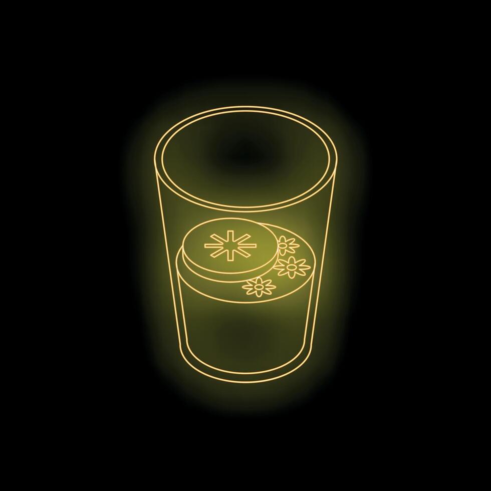 Neon cocktail glass with lime and flowers glowing on black background vector