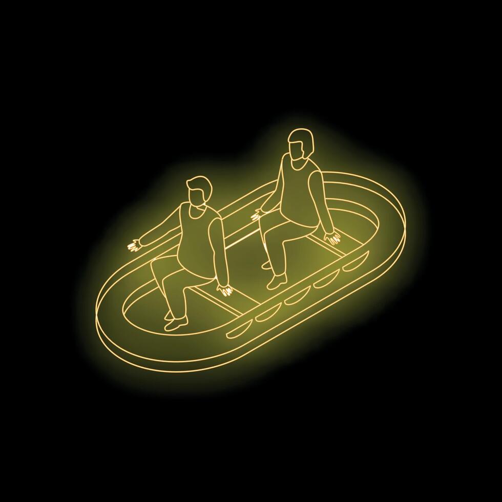 Two men sitting in a rubber boat neon sign isometric view vector