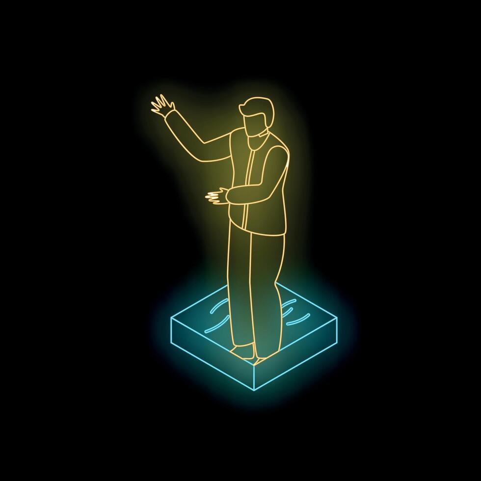 Businessman standing on a stage giving a presentation neon sign vector