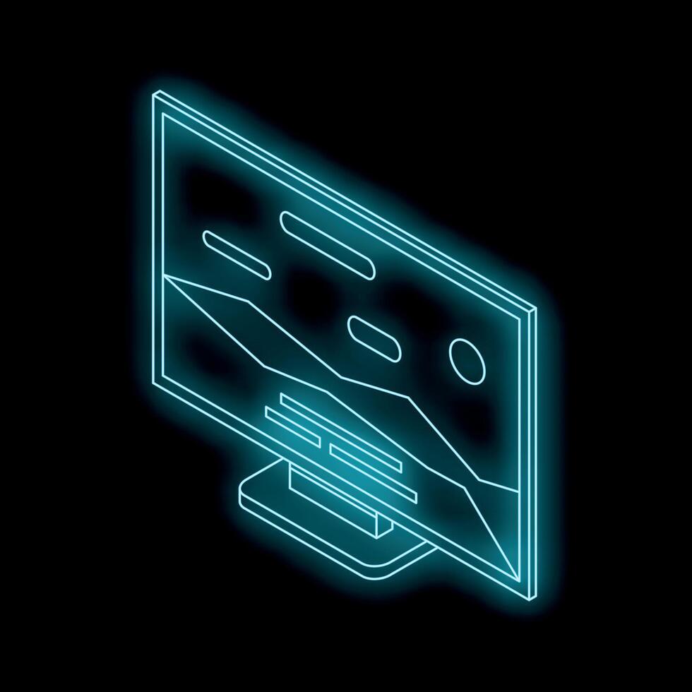 Glowing neon computer monitor displaying infographic with charts and data vector