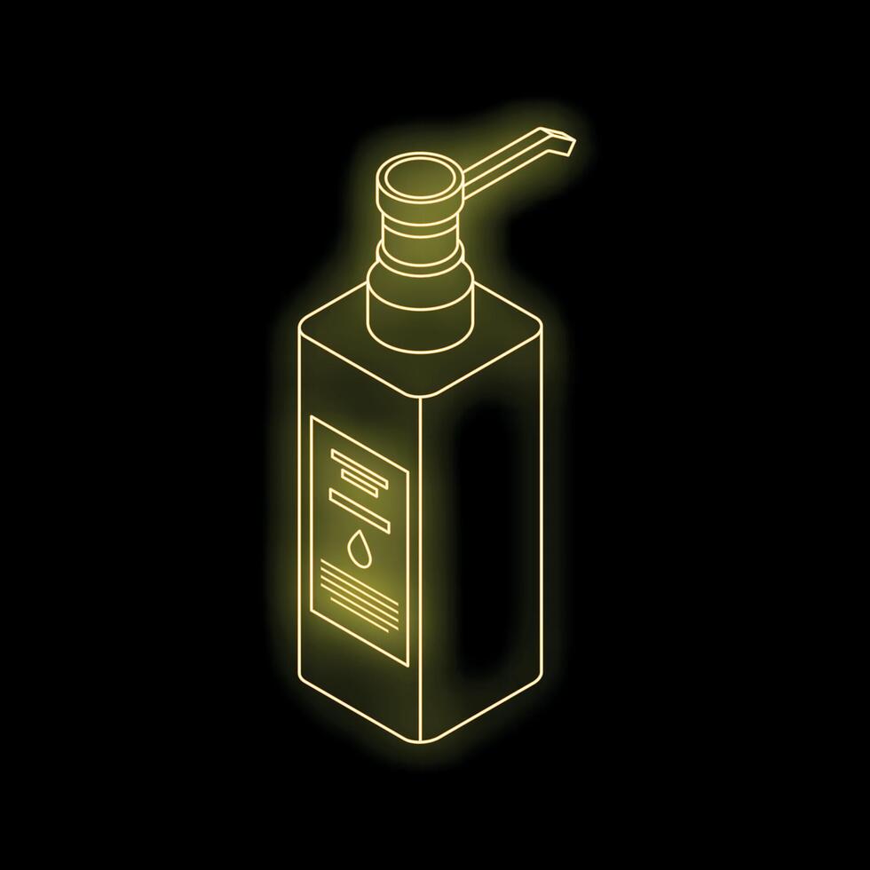 Neon yellow cosmetic bottle with dispenser glowing on black background vector