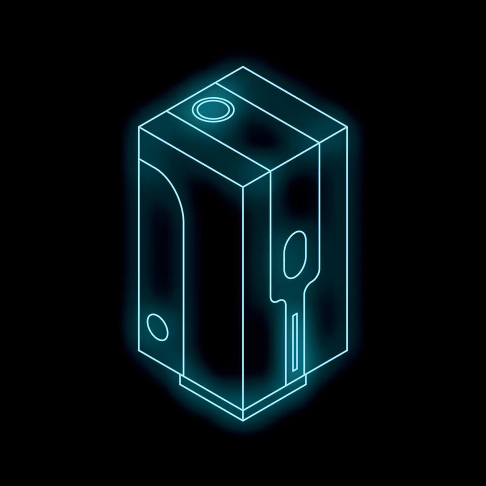 Neon blue action camera glowing on black background vector