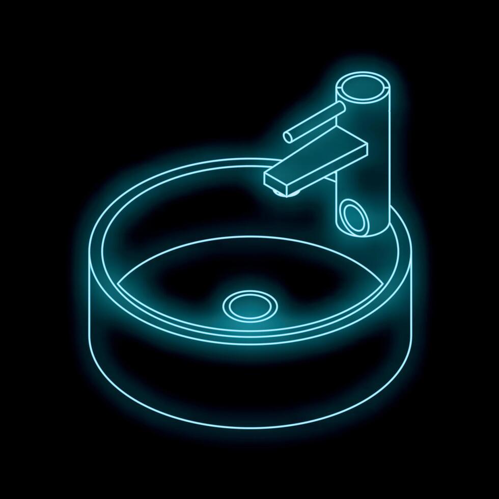 Neon bathroom sink shining in dark room isometric projection vector